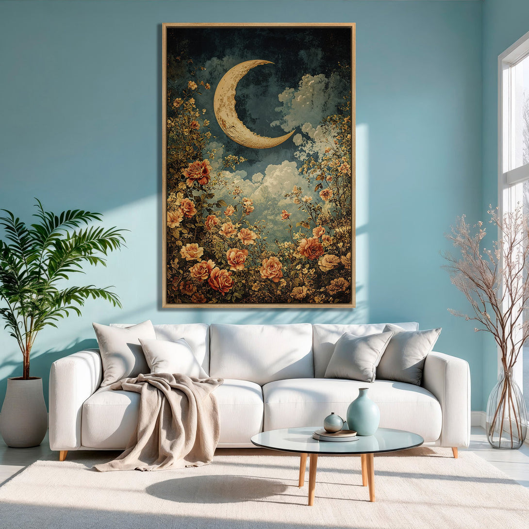 Framed Wall Art featuring a dreamy moon and floral design in warm, muted tones. Perfect for adding a touch of vintage charm to your living space.