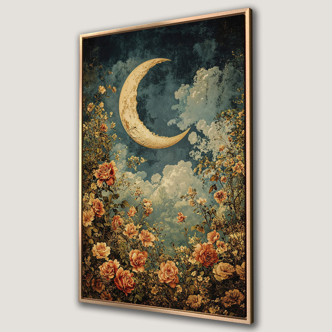 Framed Wall Art: Vintage-style moon and floral canvas print. Features a dreamy, romantic scene with a warm, earthy color palette. Perfect for adding a touch of elegance.