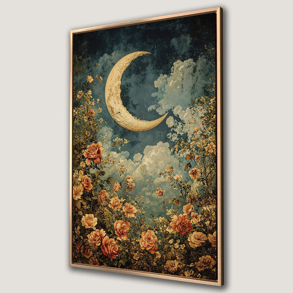 Framed Wall Art: Vintage-style moon and floral canvas print. Features a dreamy, romantic scene with a warm, earthy color palette. Perfect for adding a touch of elegance.