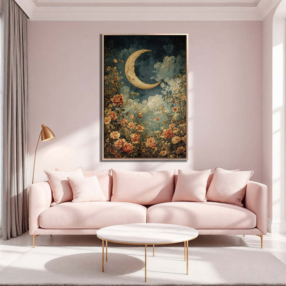 Framed Wall Art featuring a dreamy moon and floral scene in a romantic, vintage style. Soft pink and gold tones create a serene atmosphere.