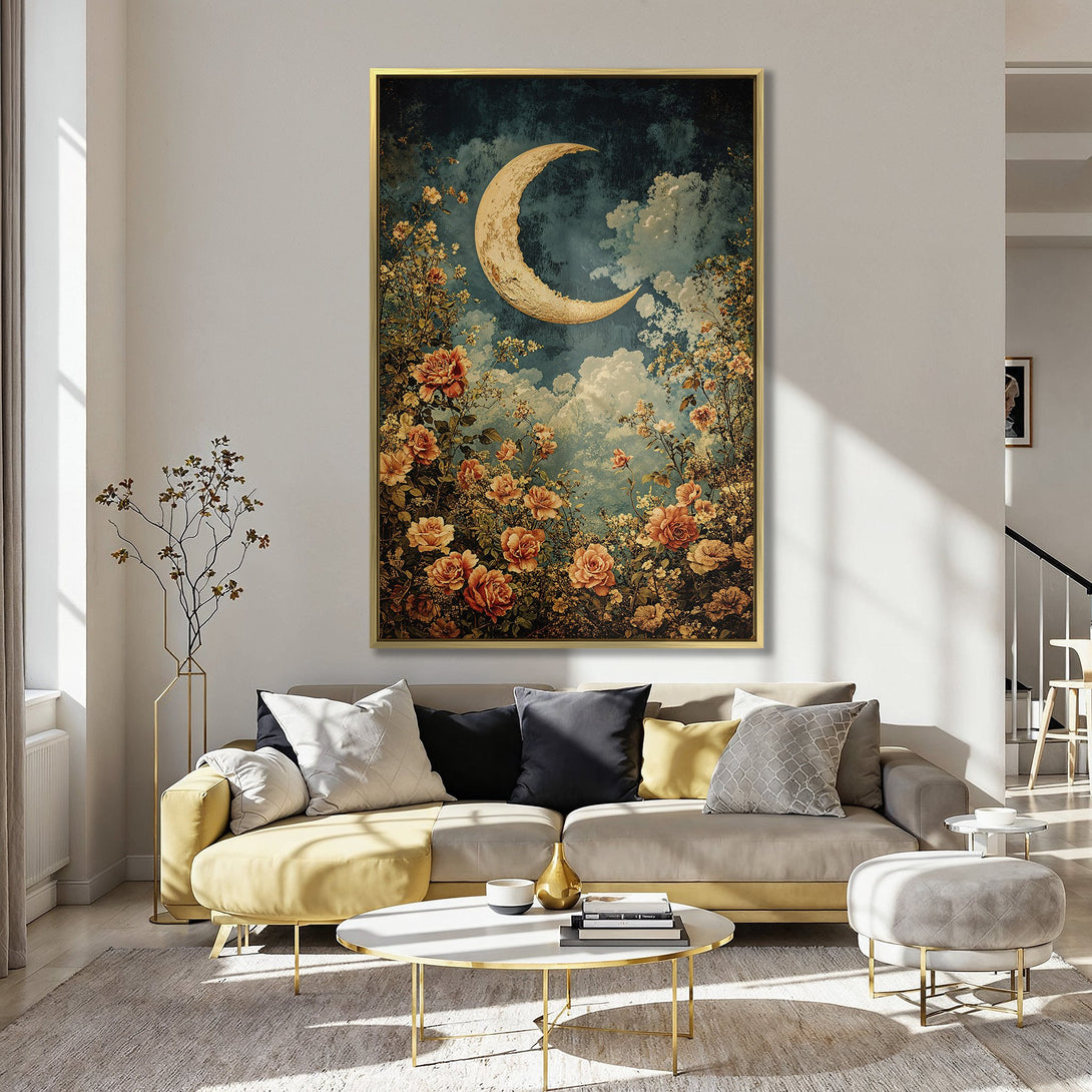Canvas Print featuring a crescent moon and floral design in a vintage style, with a warm color palette. Perfect for adding charm to any space.