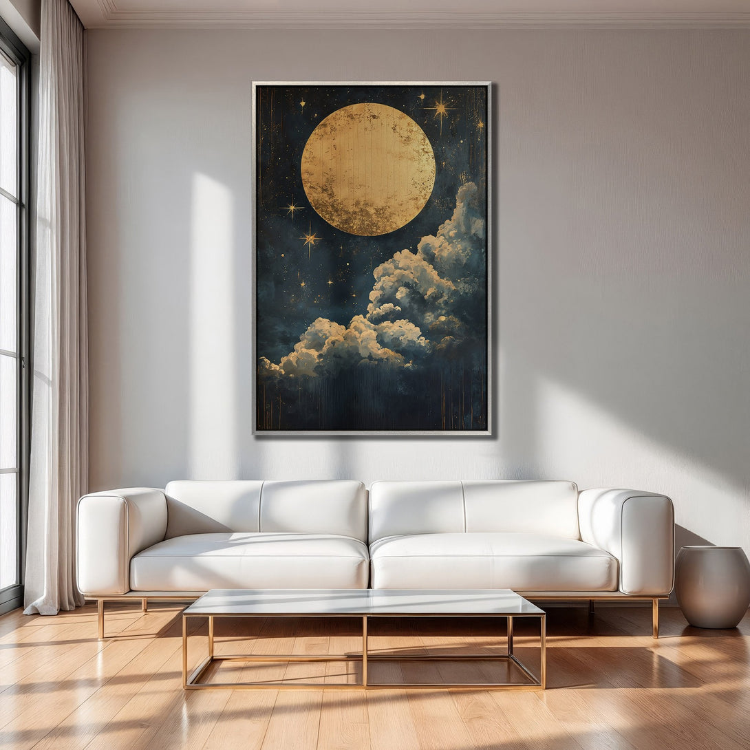 Framed Wall Art: Celestial moon and cloudscape in gold and navy tones. Modern art print for living room decor.