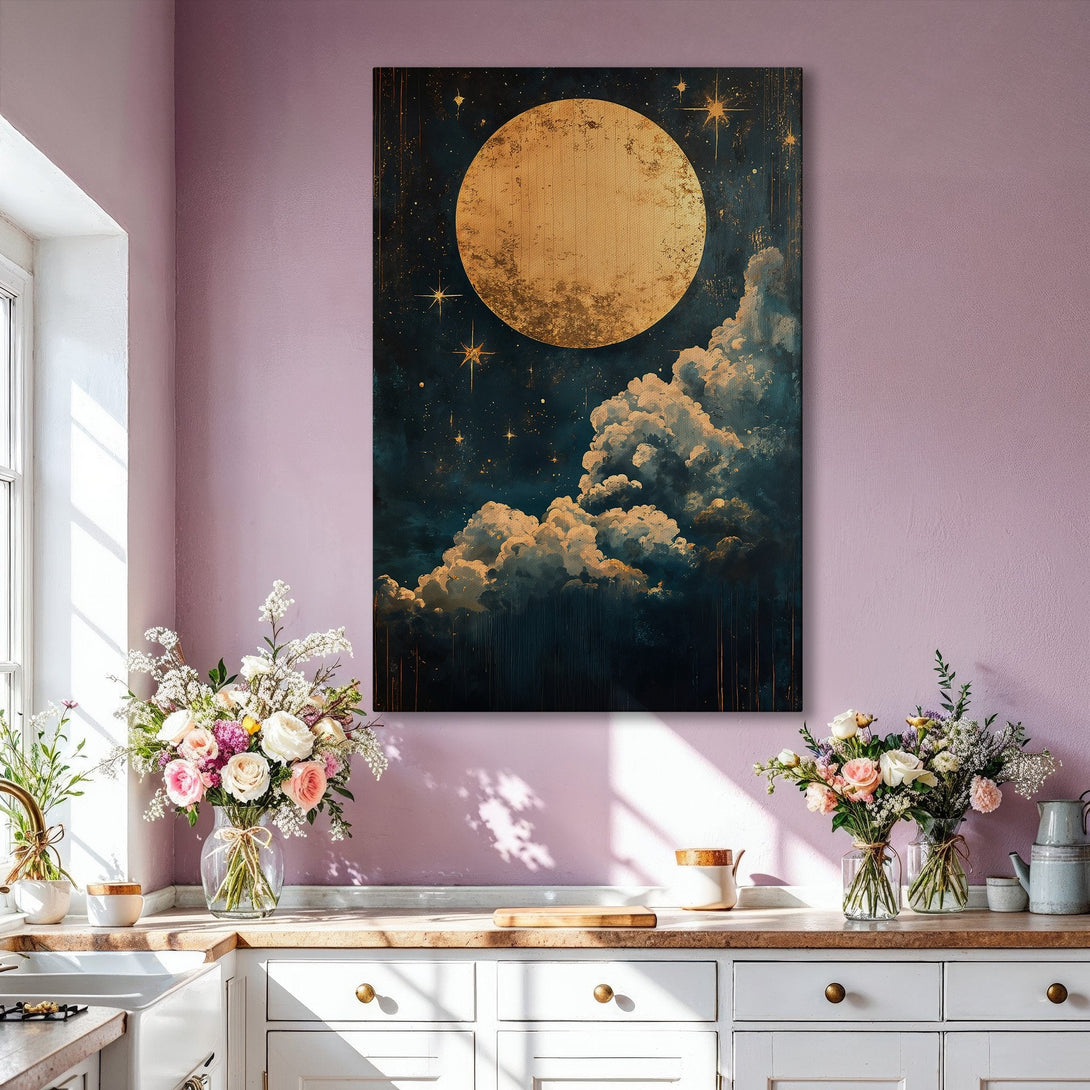 Framed Wall Art: Celestial moon and cloudscape in gold and navy tones. Modern art print for living room decor.