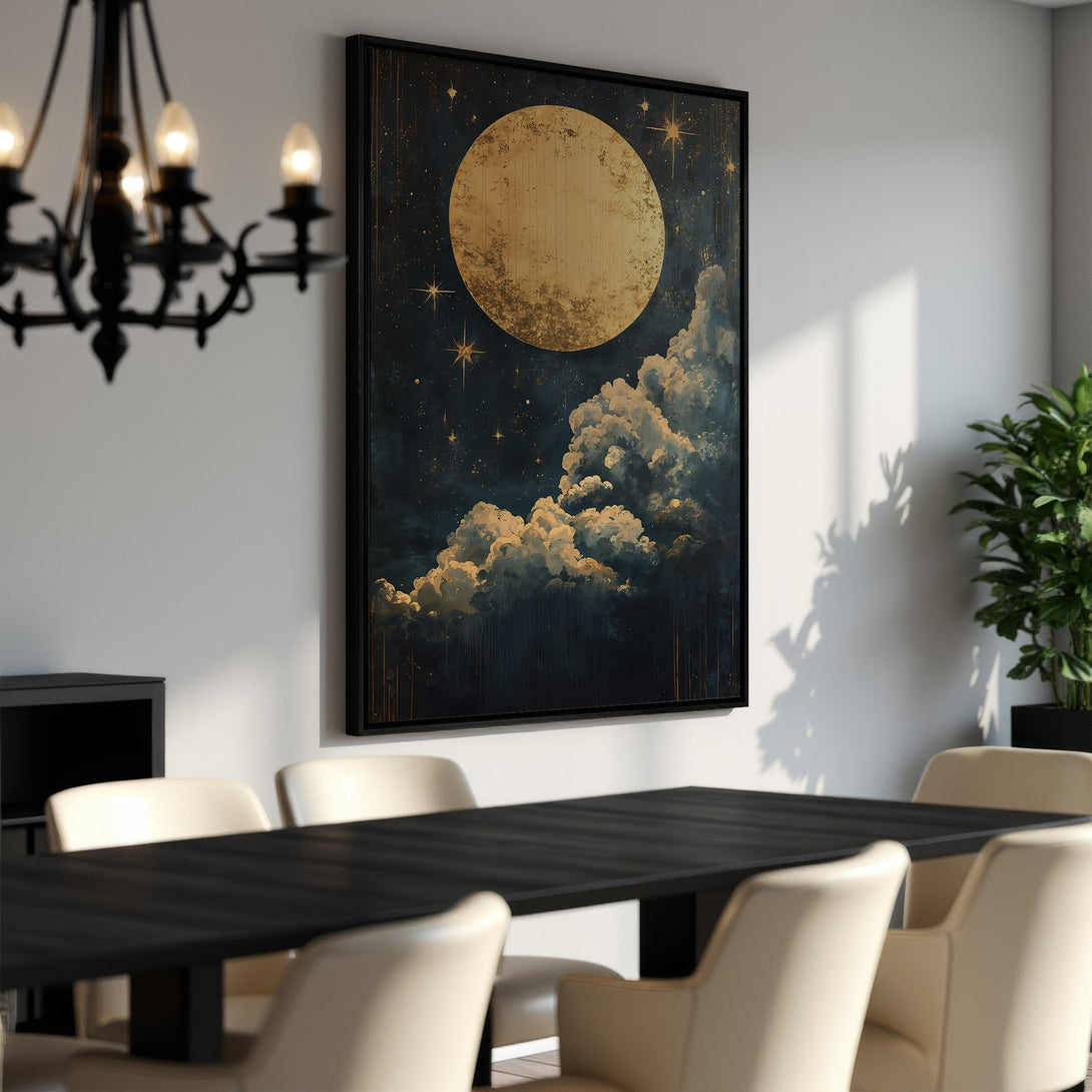 Framed Wall Art featuring a celestial moon and clouds in a moody, gold and navy color palette. Perfect for adding a touch of elegance to any space.