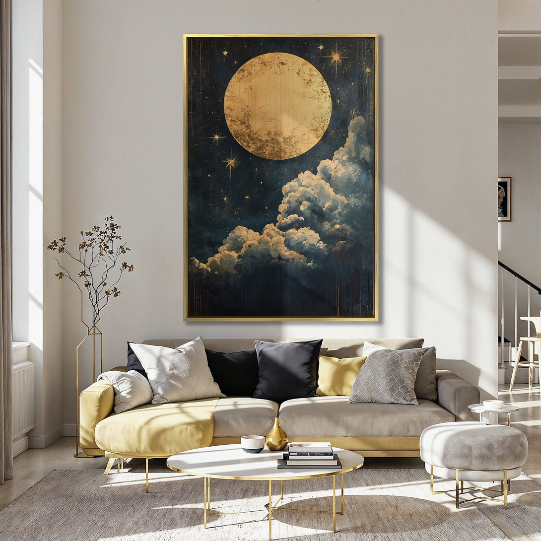 Canvas Print featuring a celestial moon and cloudscape in a gold and navy blue palette, perfect for adding a touch of magic to your home.