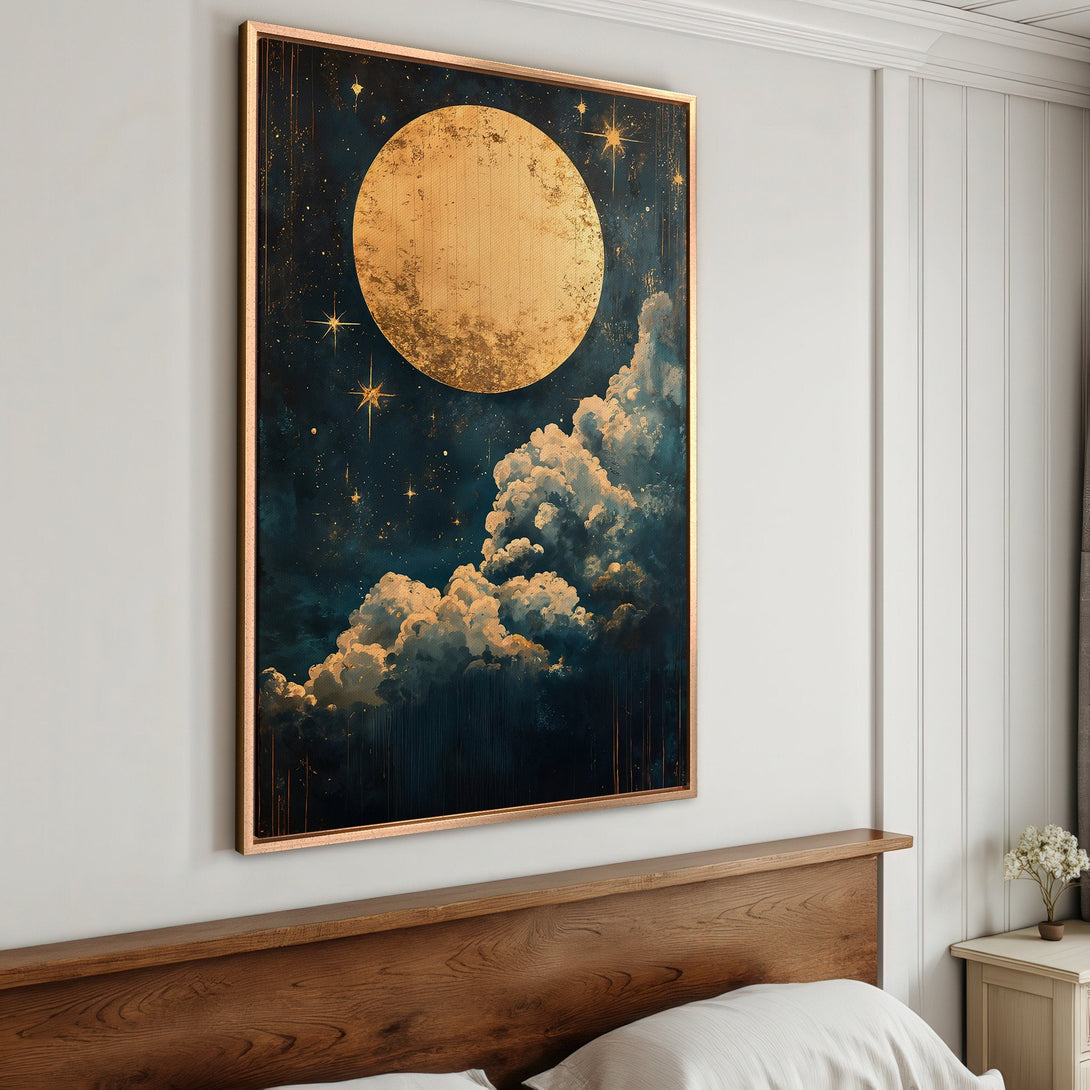 Framed Wall Art: Celestial moon and stars painting in gold and teal. Modern art canvas print for bedroom decor. Add a touch of elegance.
