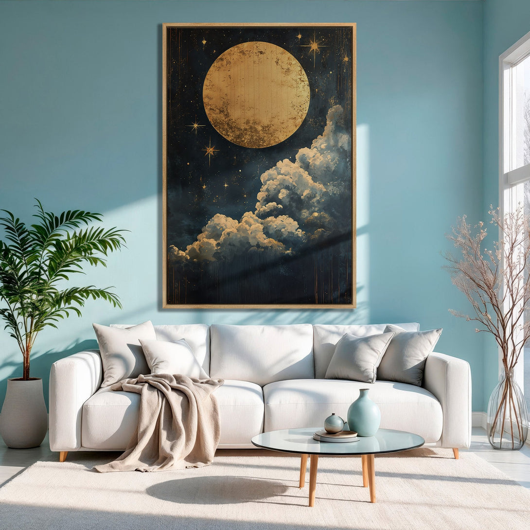 Framed Wall Art: Celestial moon and cloudscape in gold and navy blue. Modern art for living room decor. Adds a touch of elegance.