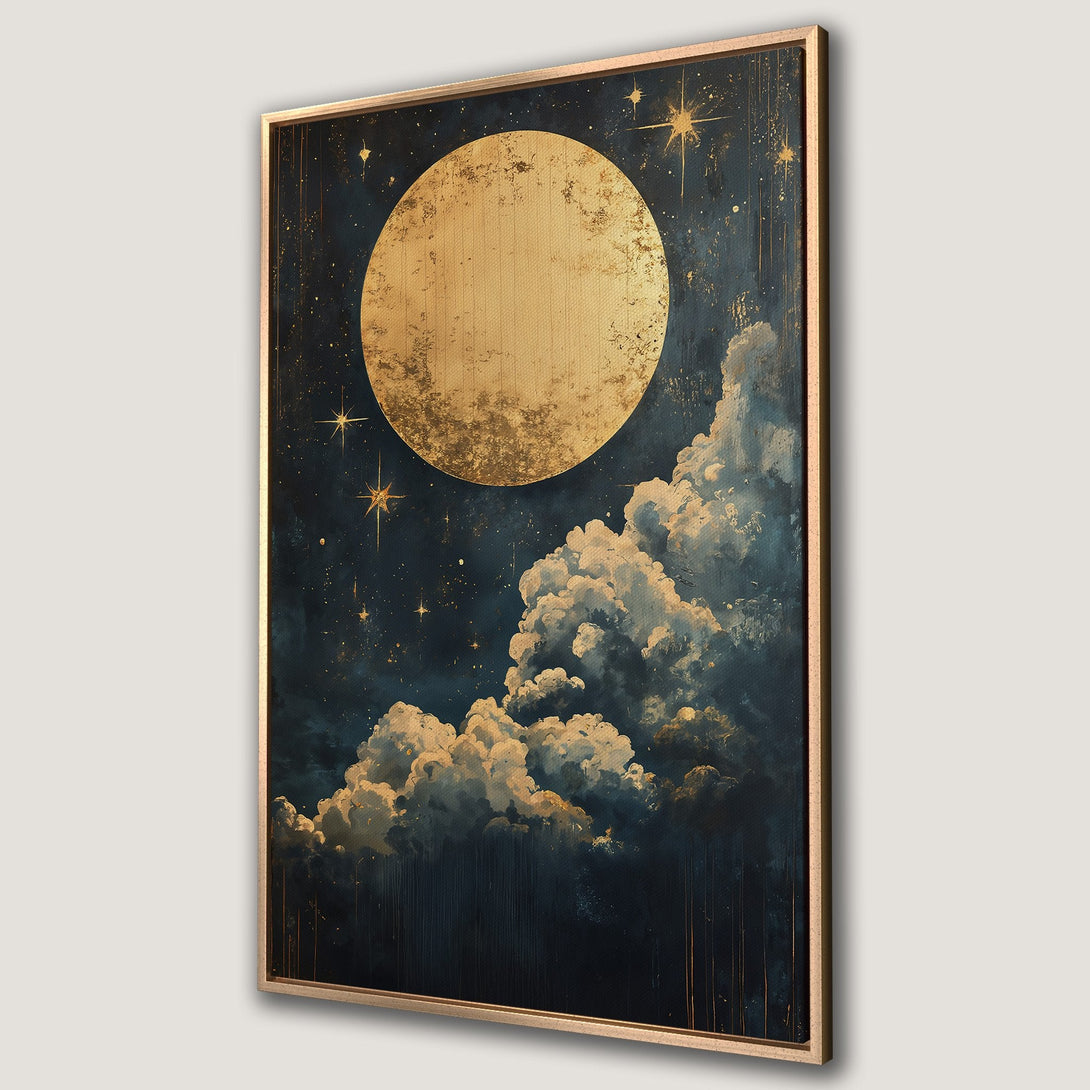 Framed Wall Art: Celestial moon and cloudscape in a dark blue and gold palette. Abstract art Canvas Print perfect for adding a touch of magic to your space.