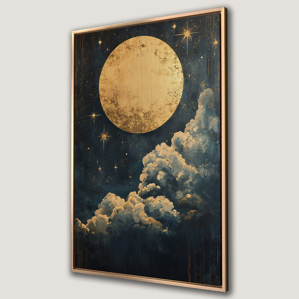 Framed Wall Art: Celestial moon and cloudscape in a dark blue and gold palette. Abstract art Canvas Print perfect for adding a touch of magic to your space.