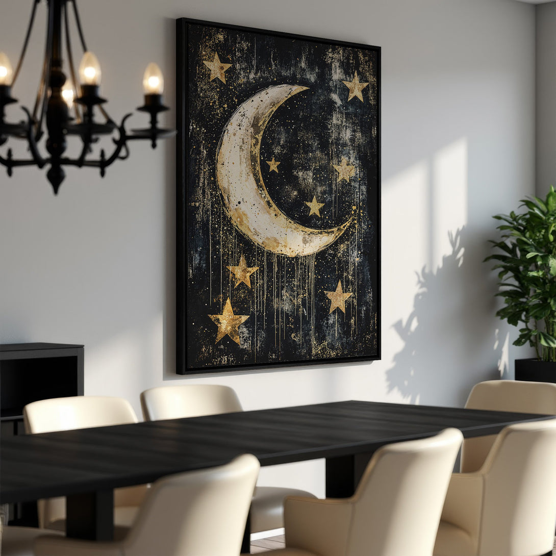 Framed Wall Art: Celestial moon and stars in a gold and black abstract style. Perfect for adding a touch of elegance to your dining room.