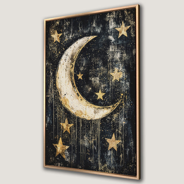 Framed Wall Art: Celestial moon and stars canvas print in gold and black. Perfect for adding a touch of cosmic elegance to any space.