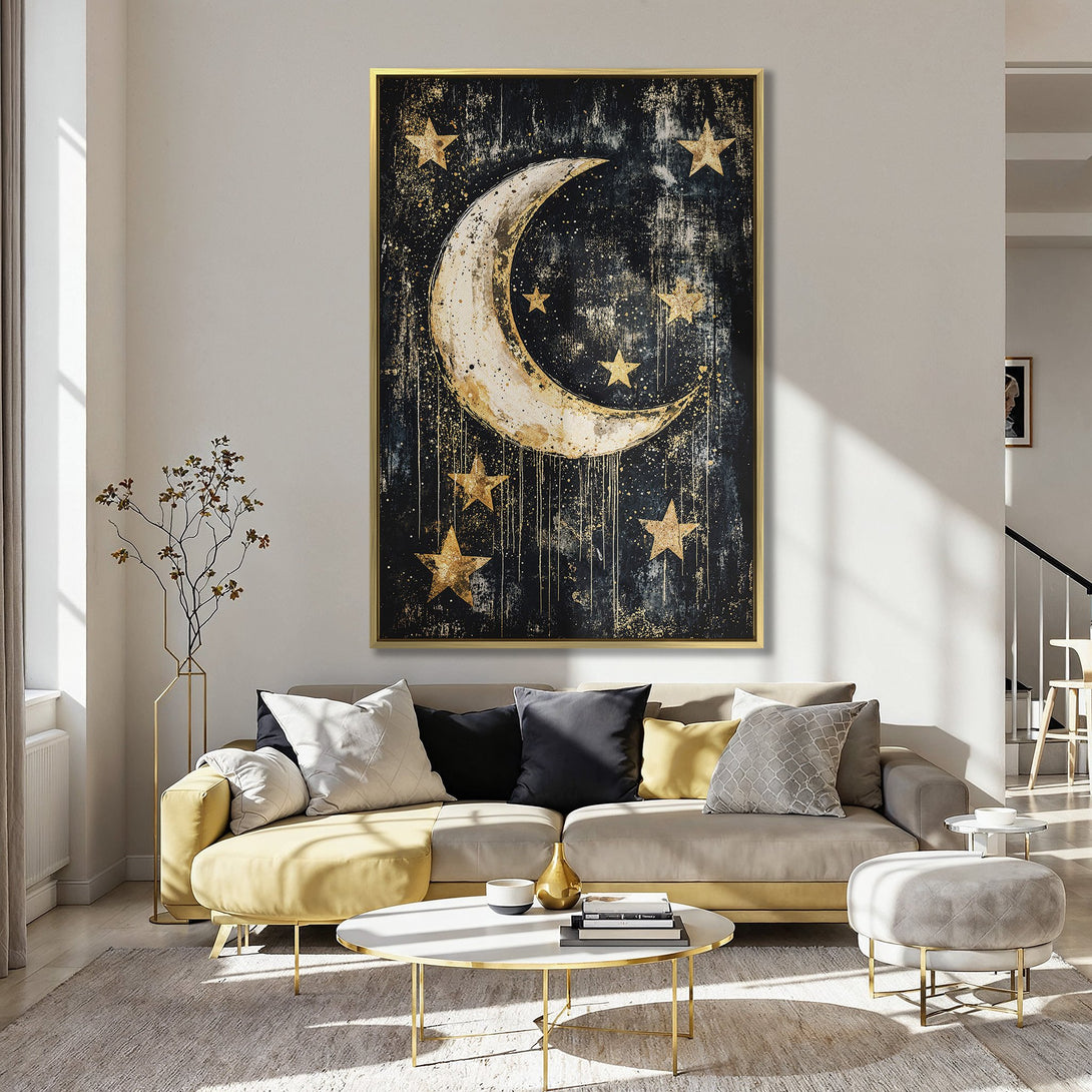 Canvas Print featuring a celestial moon and stars in a gold and black abstract style, perfect for adding a touch of magic to any room.