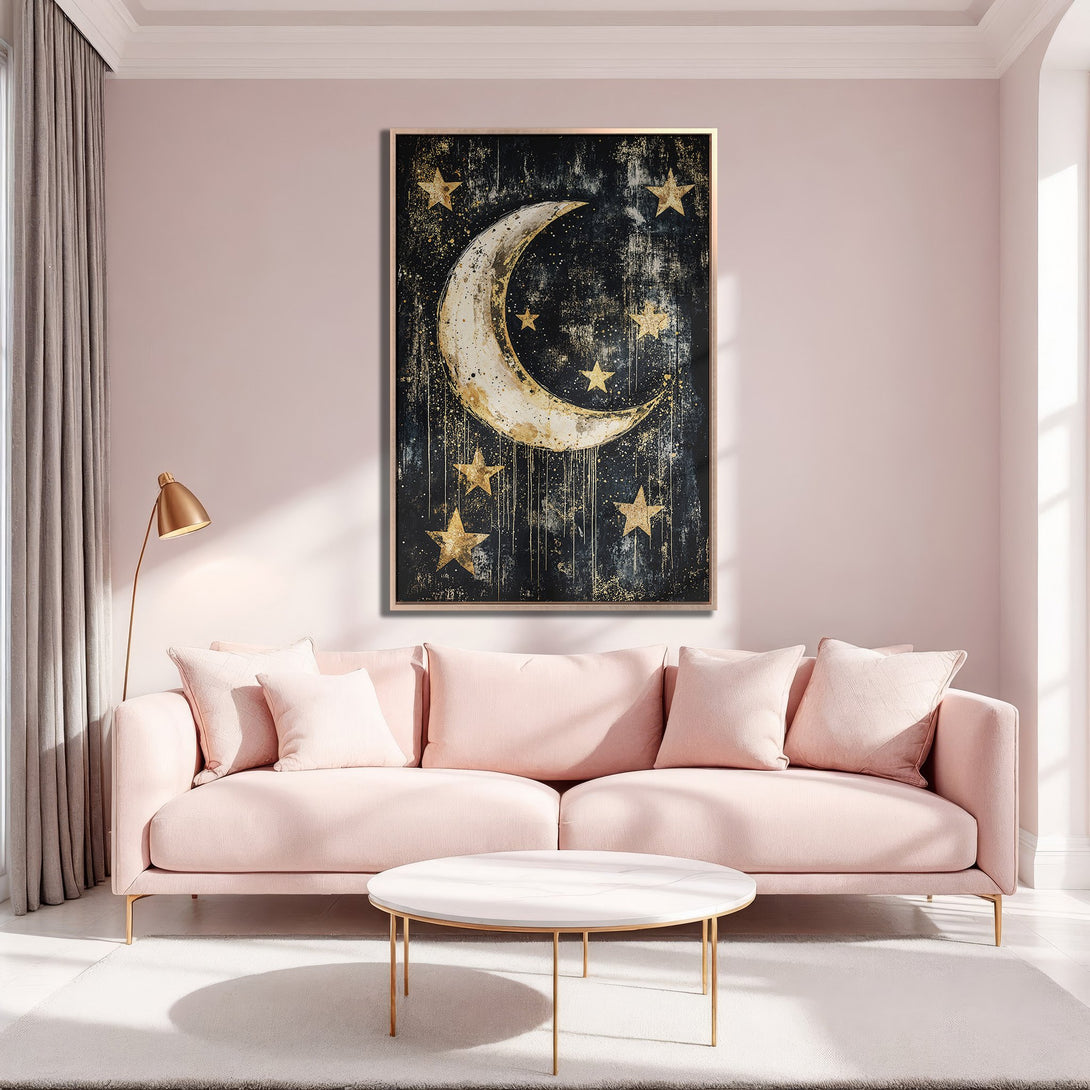 Framed Wall Art: Celestial moon and stars art in gold and black. Modern, abstract style. Perfect for adding a touch of elegance to any room.