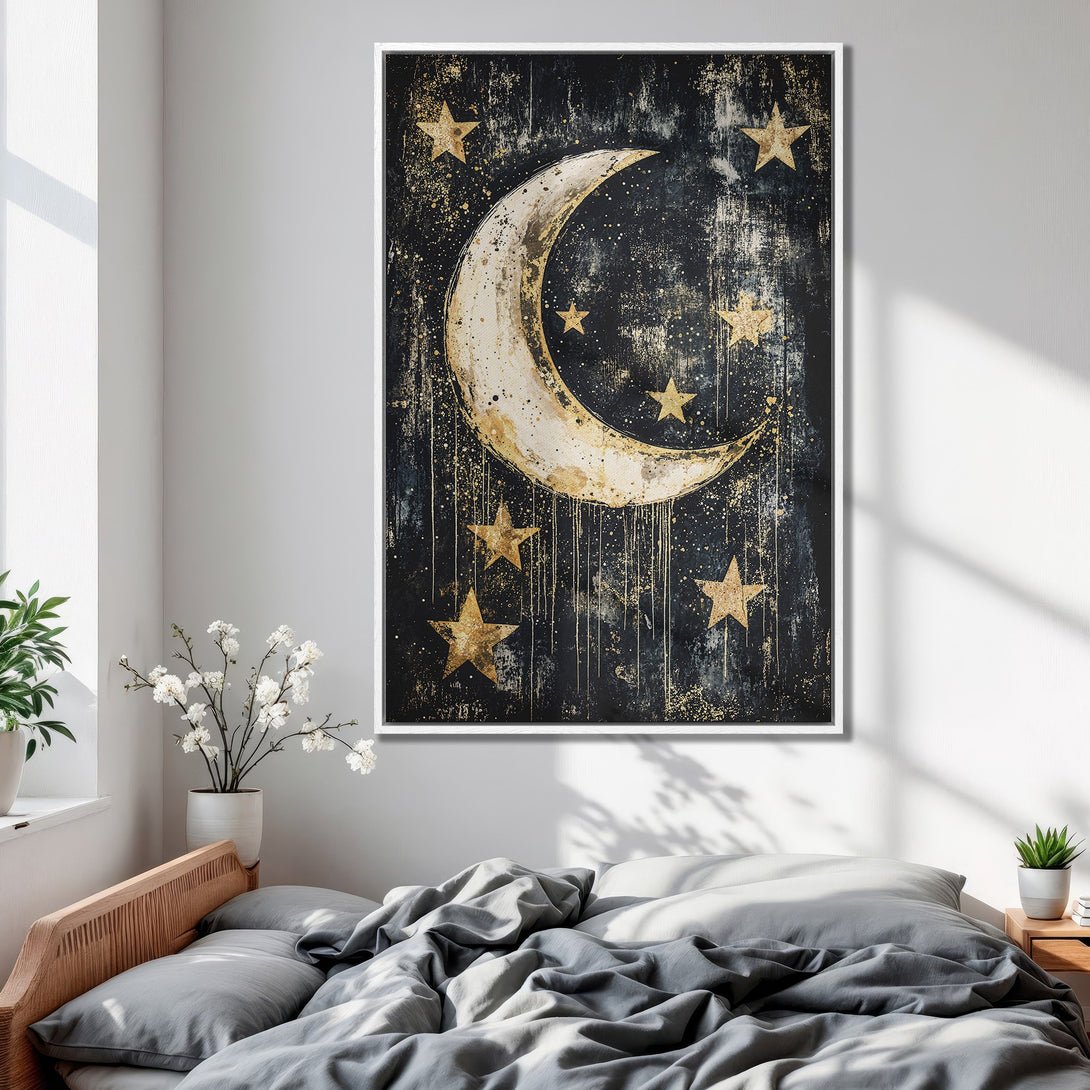 Framed Wall Art featuring a celestial design with a moon and stars in gold and black. Modern abstract style, perfect for bedroom decor.