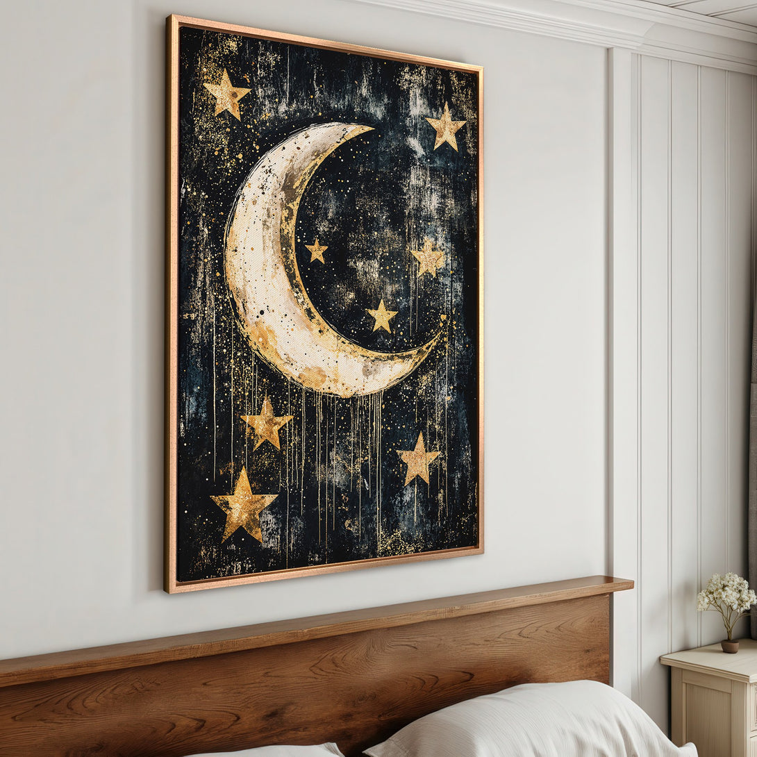 Framed Wall Art featuring a celestial moon and stars design in a dark, textured style with a gold and navy blue color palette. Perfect for bedroom decor!