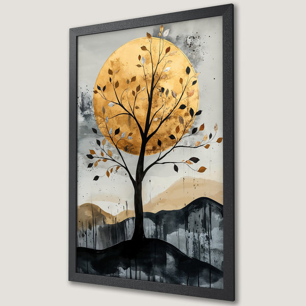 Framed Poster of a tree with gold leaves, abstract style, neutral & gold color palette. Perfect wall art for modern decor.