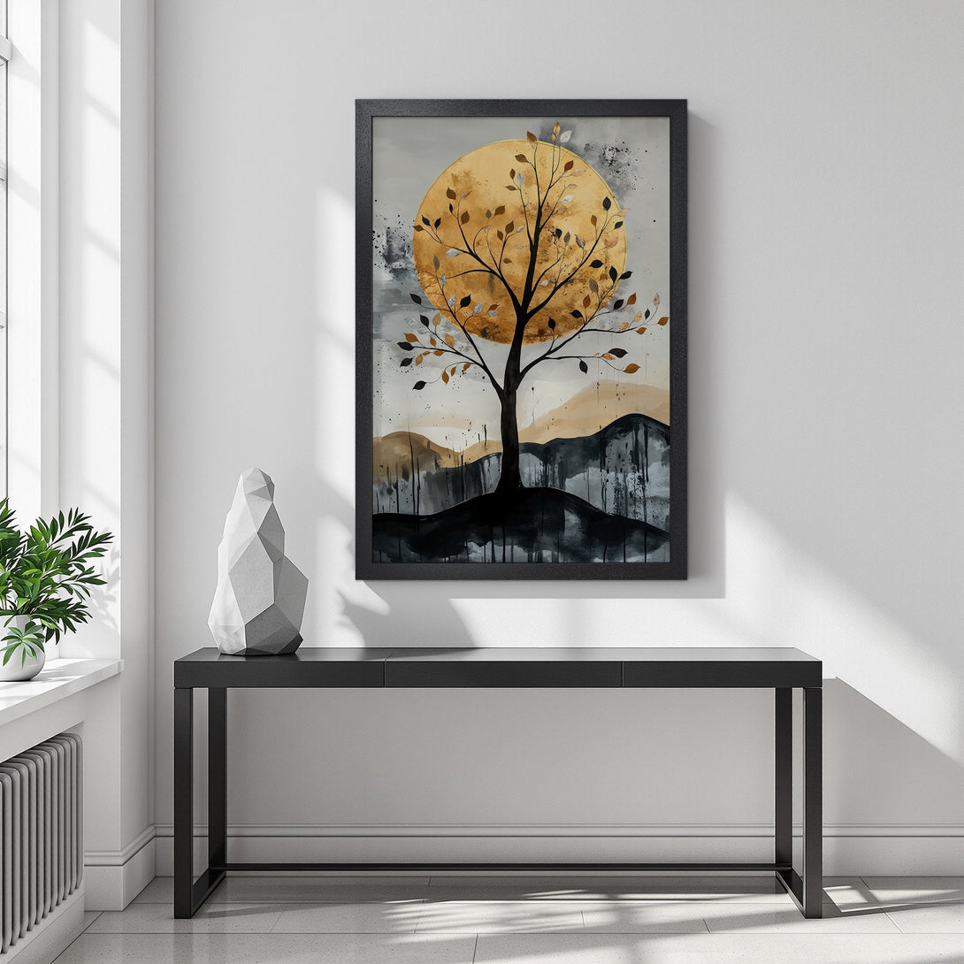 Framed Poster featuring an abstract tree with golden sun, neutral tones, and modern style. Perfect wall art!