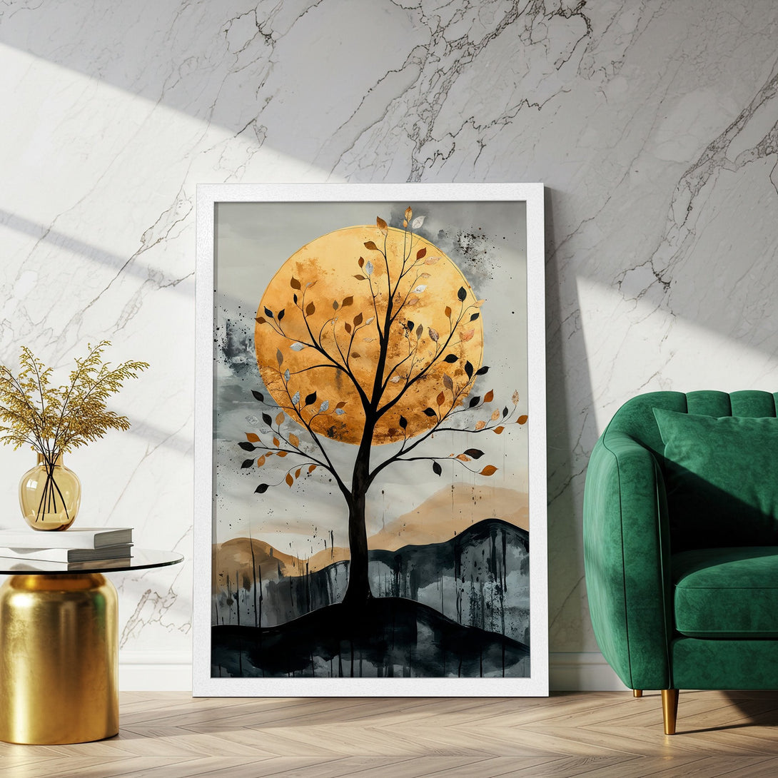 Framed Poster featuring an abstract tree with a golden sun, in a modern style with a warm color palette. Perfect wall art!