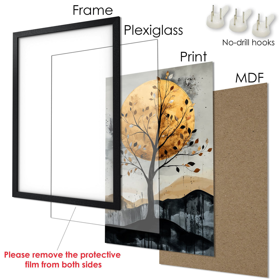 Framed Poster: Abstract tree art print with gold, black, and neutral tones. Modern wall decor for your home.