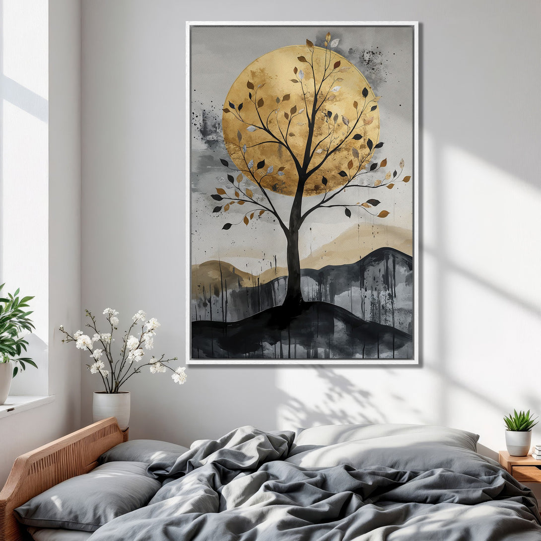 Framed Wall Art: Abstract tree art in gold, black, and gray tones. Modern canvas print adds a touch of elegance to any bedroom decor.