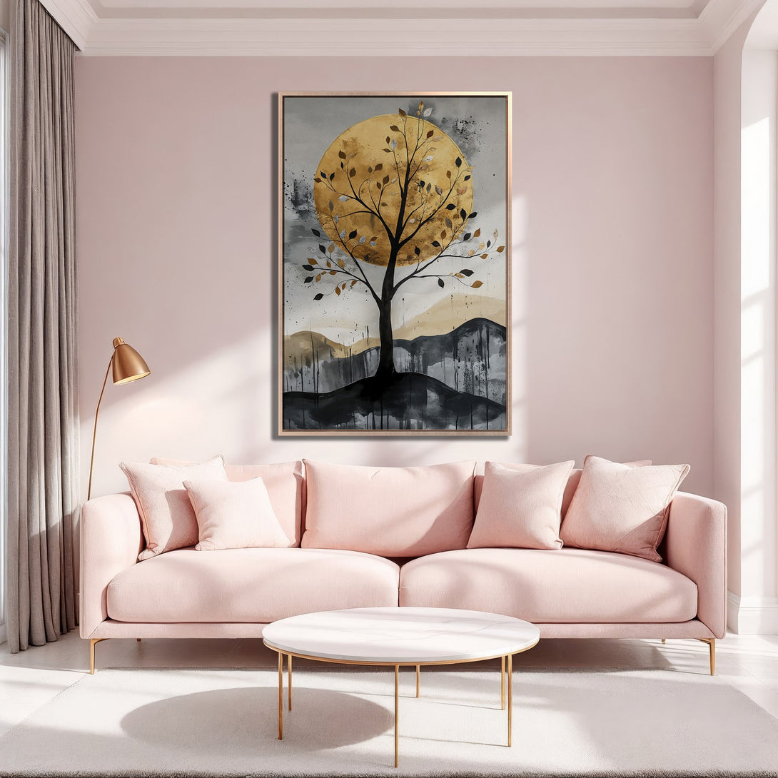 Framed Wall Art: Abstract tree art in gold, black, and gray tones. Modern canvas print adds a touch of elegance to any living room with a blush pink palette.