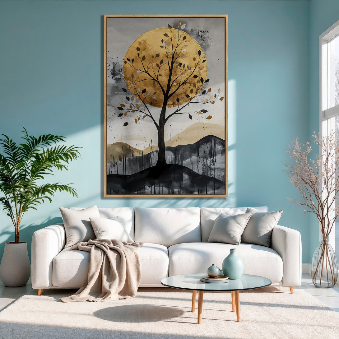 Framed Wall Art: Abstract tree art print in gold, black, and neutral tones. Modern canvas art for living room decor, adds a touch of elegance.