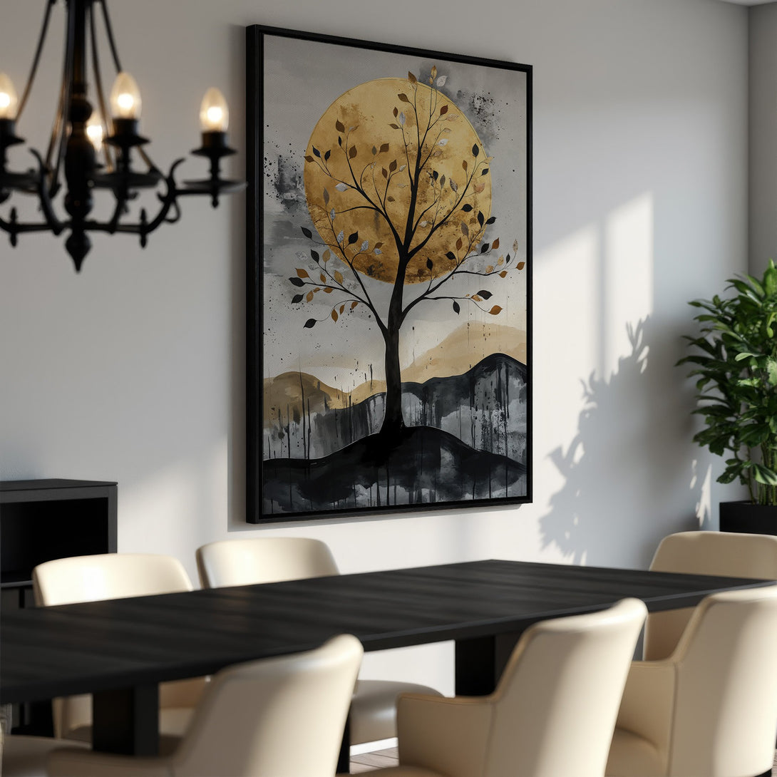 Framed Wall Art: Abstract tree art print in gold, gray, and black. Modern canvas art for home decor. Adds a touch of elegance to any room.