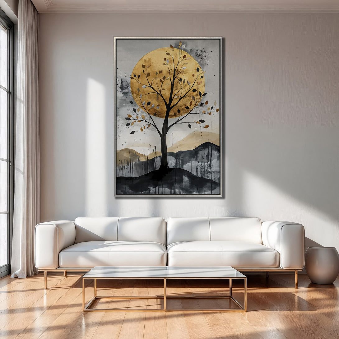 Framed Wall Art: Abstract tree art in gold, black, and gray tones. Modern canvas print adds a touch of elegance to any living room. Shop now!