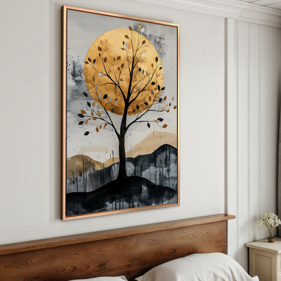 Framed Wall Art: Abstract tree art in gold, black, and gray. Modern canvas print with a warm, neutral color palette, perfect for bedroom decor.