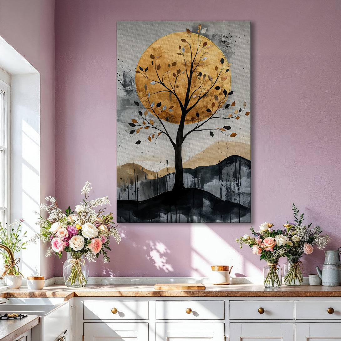 Framed Wall Art featuring an abstract tree design with gold, black, and gray tones. Modern art for your living room.