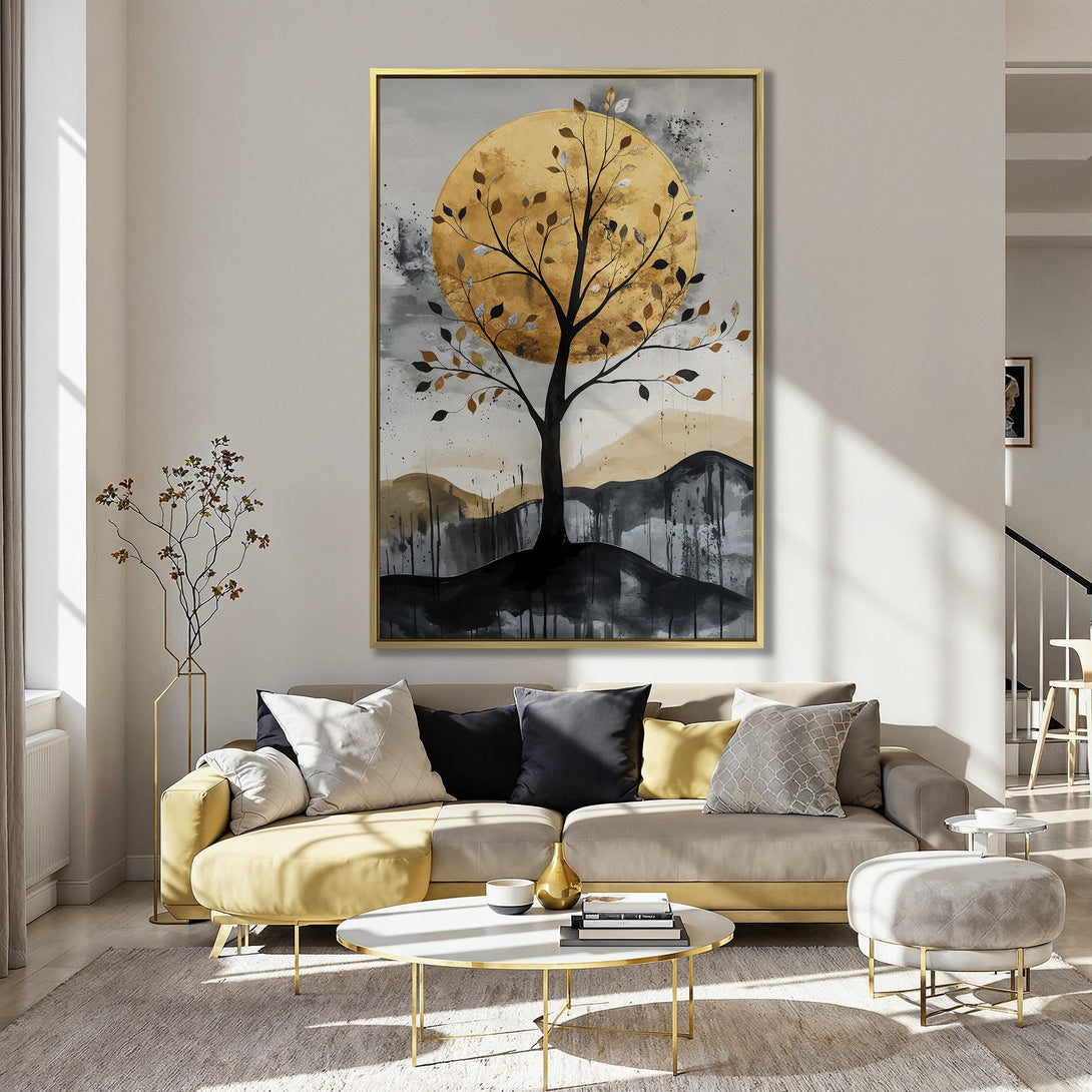 Canvas Print featuring a stylized tree against a golden sun, with a neutral and earthy color palette. Perfect wall art for any room!
