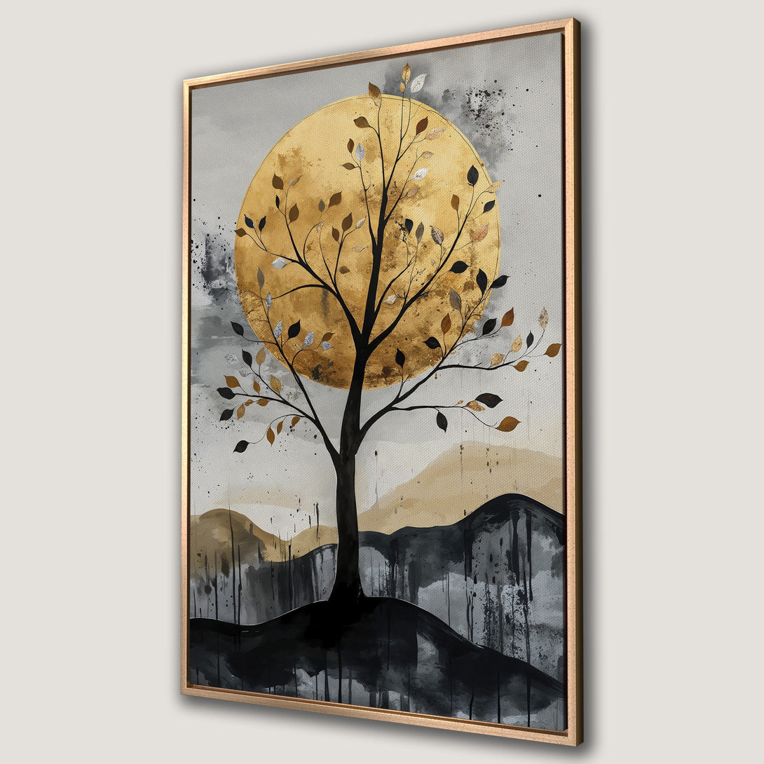 Framed Wall Art: Abstract tree art in gold, black, and gray. Modern canvas print with a minimalist style, perfect for home decor.