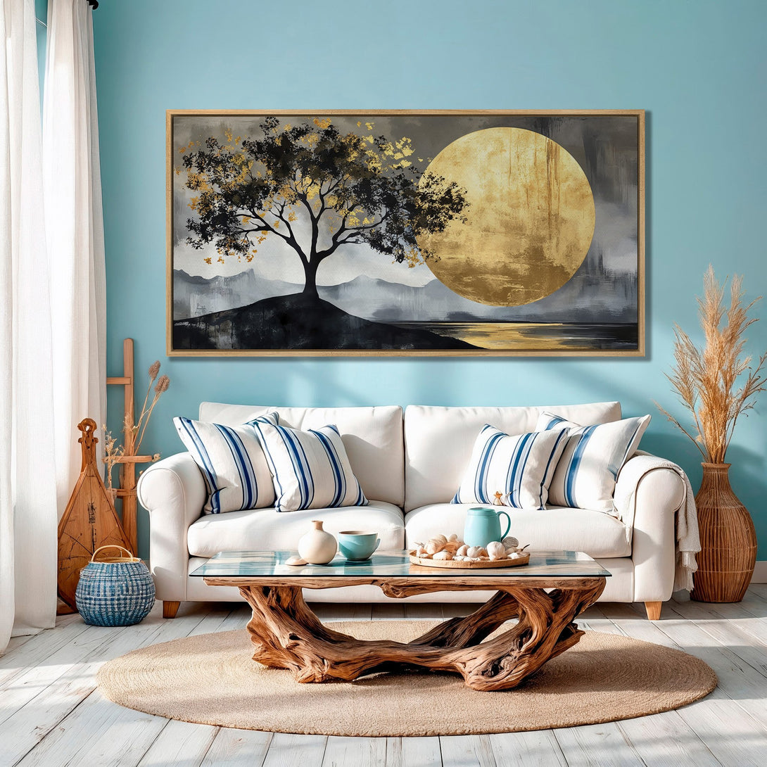 Framed Wall Art: Abstract tree and moon landscape in gold, black, and gray. Modern art canvas print adds elegance to any living room.