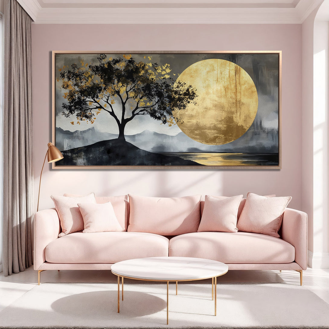 Framed Wall Art: Abstract tree and moon art in gold, black, and gray. Modern canvas print adds elegance to any interior. Shop now!