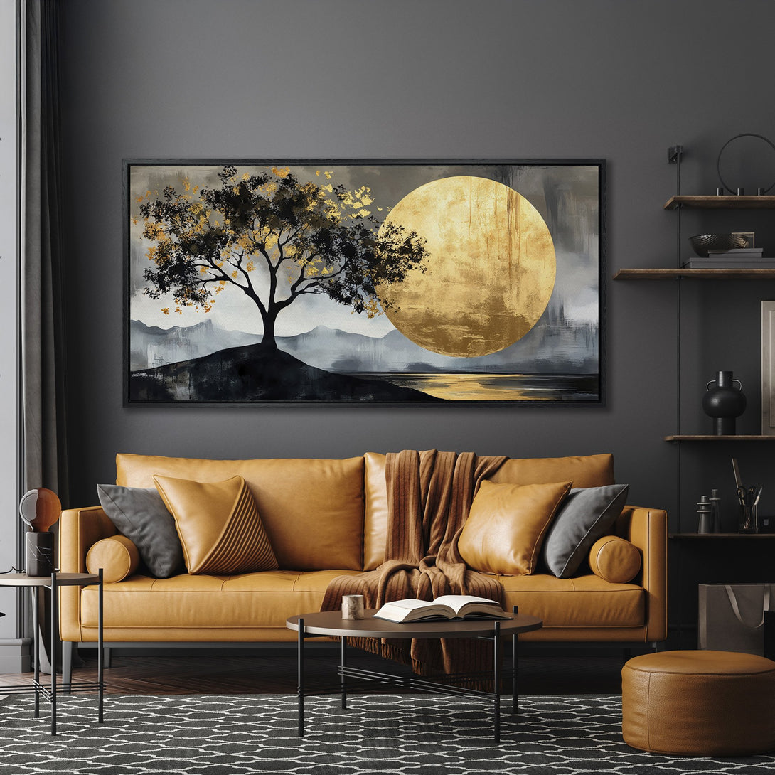 Framed Wall Art featuring a tree and golden moon. Modern abstract art in a neutral color palette, perfect for living room decor. Shop our Canvas Print collection!
