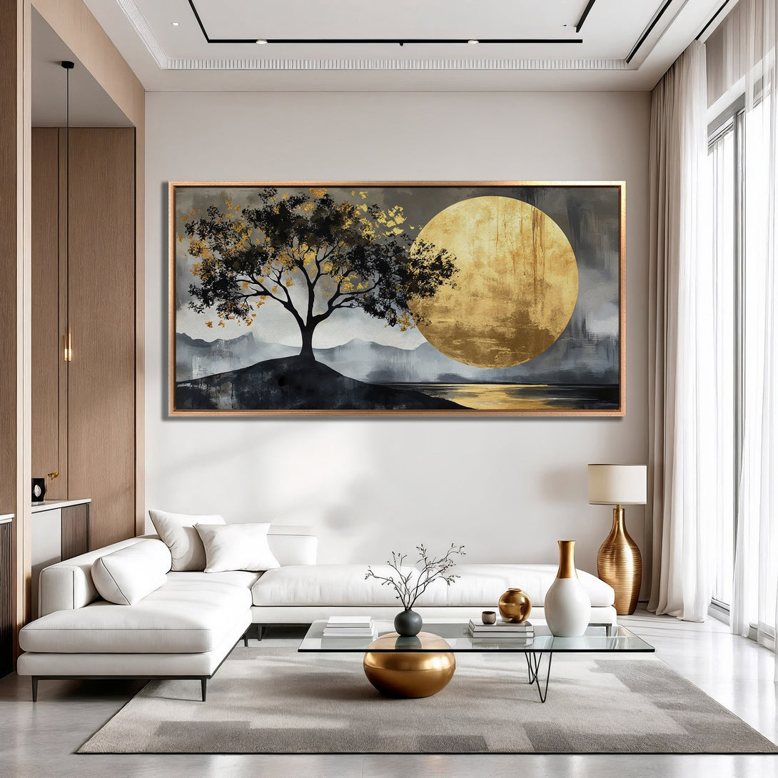 Framed Wall Art: Abstract landscape Canvas Print with gold and black tree, gold moon, and grey/gold color palette. Perfect for modern decor.
