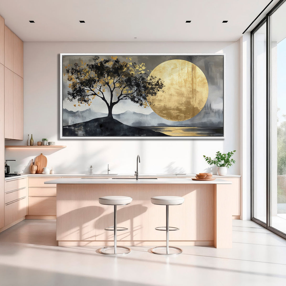 Framed Wall Art: Abstract tree landscape in gold, black, and gray tones. Modern Canvas Print adds elegance to any interior.