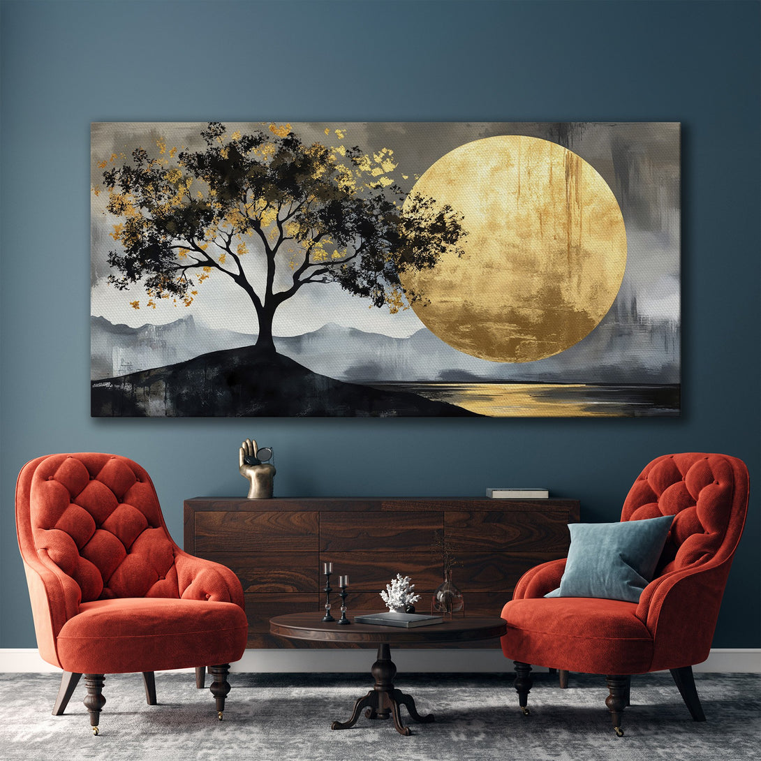 Framed Wall Art: Abstract tree and moon landscape in gold, black, and gray. Modern art for a stylish living room.