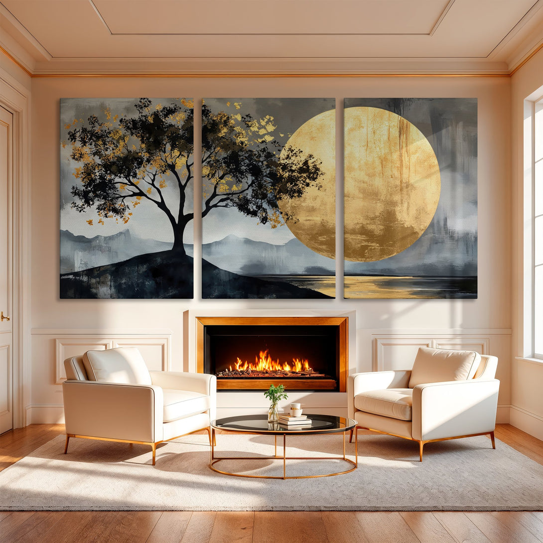Abstract Canvas Print featuring a serene landscape with a tree and gold accents. Modern art with a neutral and gold color palette, perfect for your home.