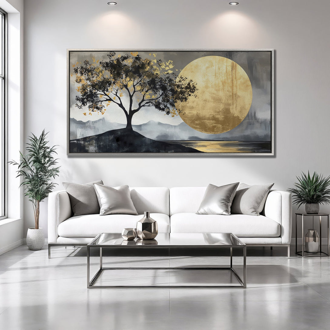 Framed Wall Art: Abstract landscape canvas print with tree, gold accents, and gray/black palette. Modern art for living room decor.