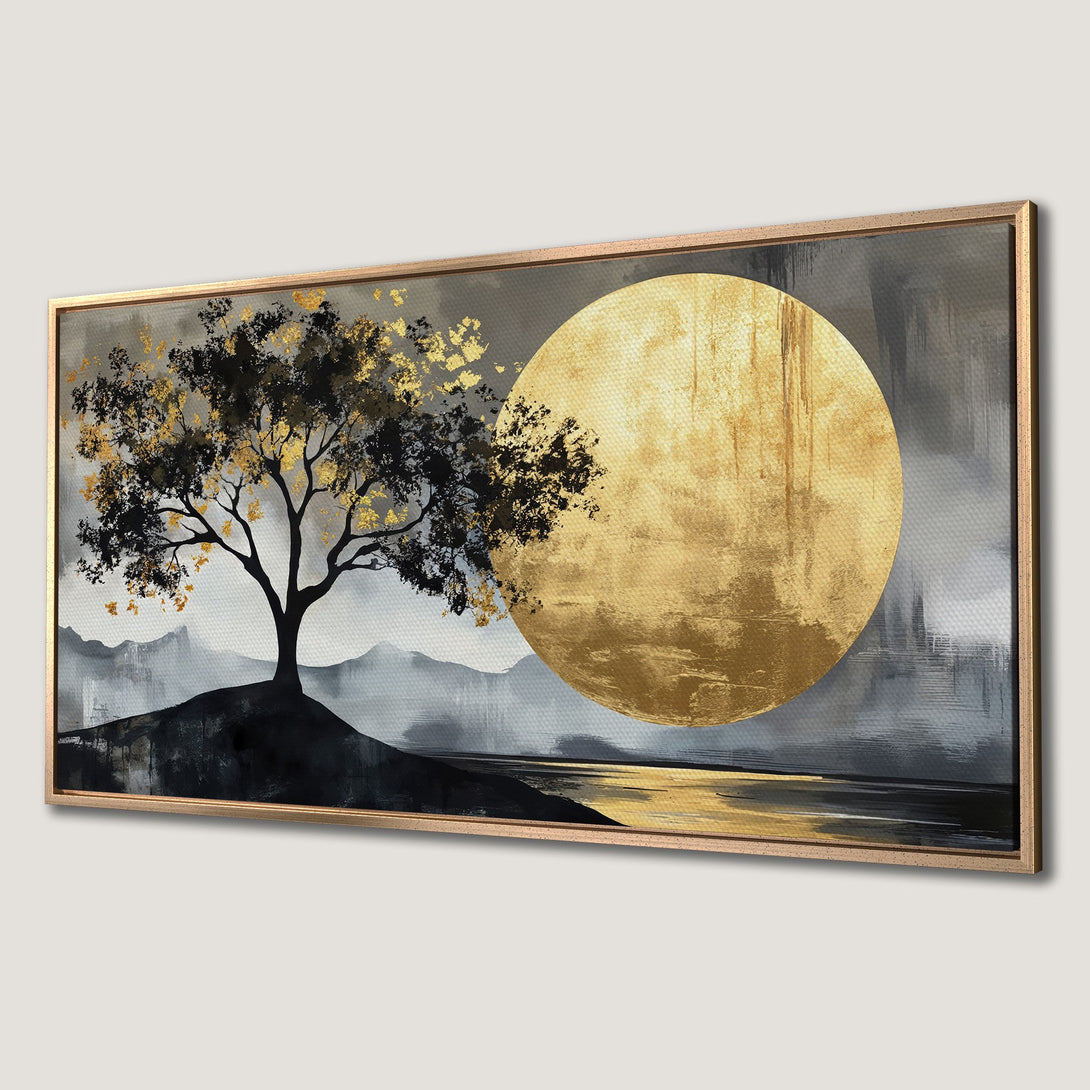 Framed Wall Art: Abstract tree with gold accents on a canvas print. Modern art in a gray and gold color palette, perfect for home decor.
