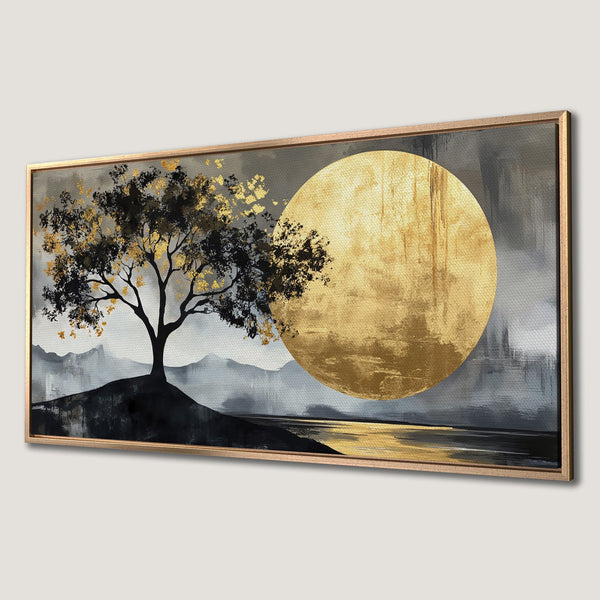 Framed Wall Art: Abstract tree with gold accents on a canvas print. Modern art in a gray and gold color palette, perfect for home decor.