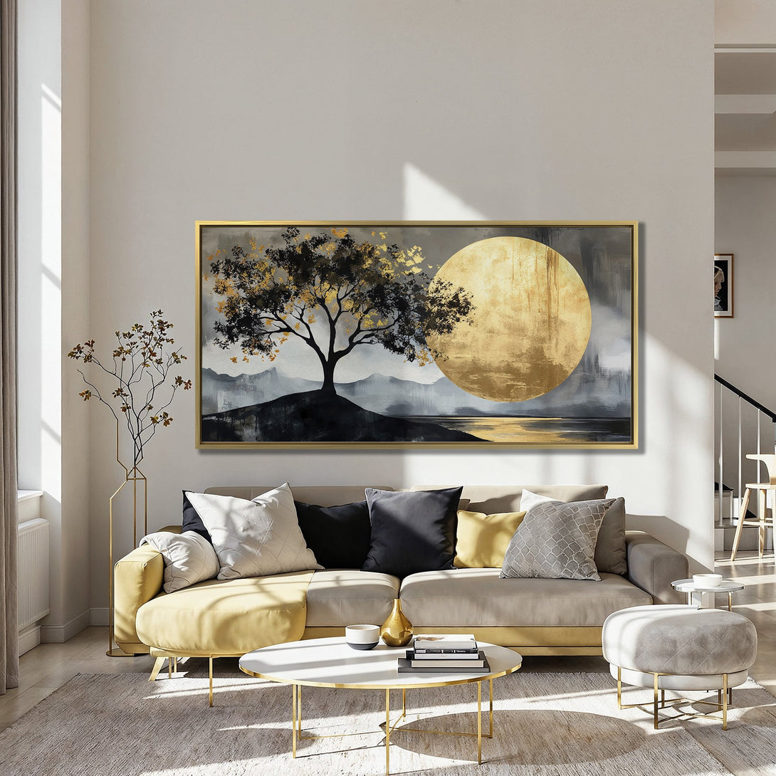 Canvas Print of a tree and sun landscape in gold, black, and gray. Modern art for home decor.
