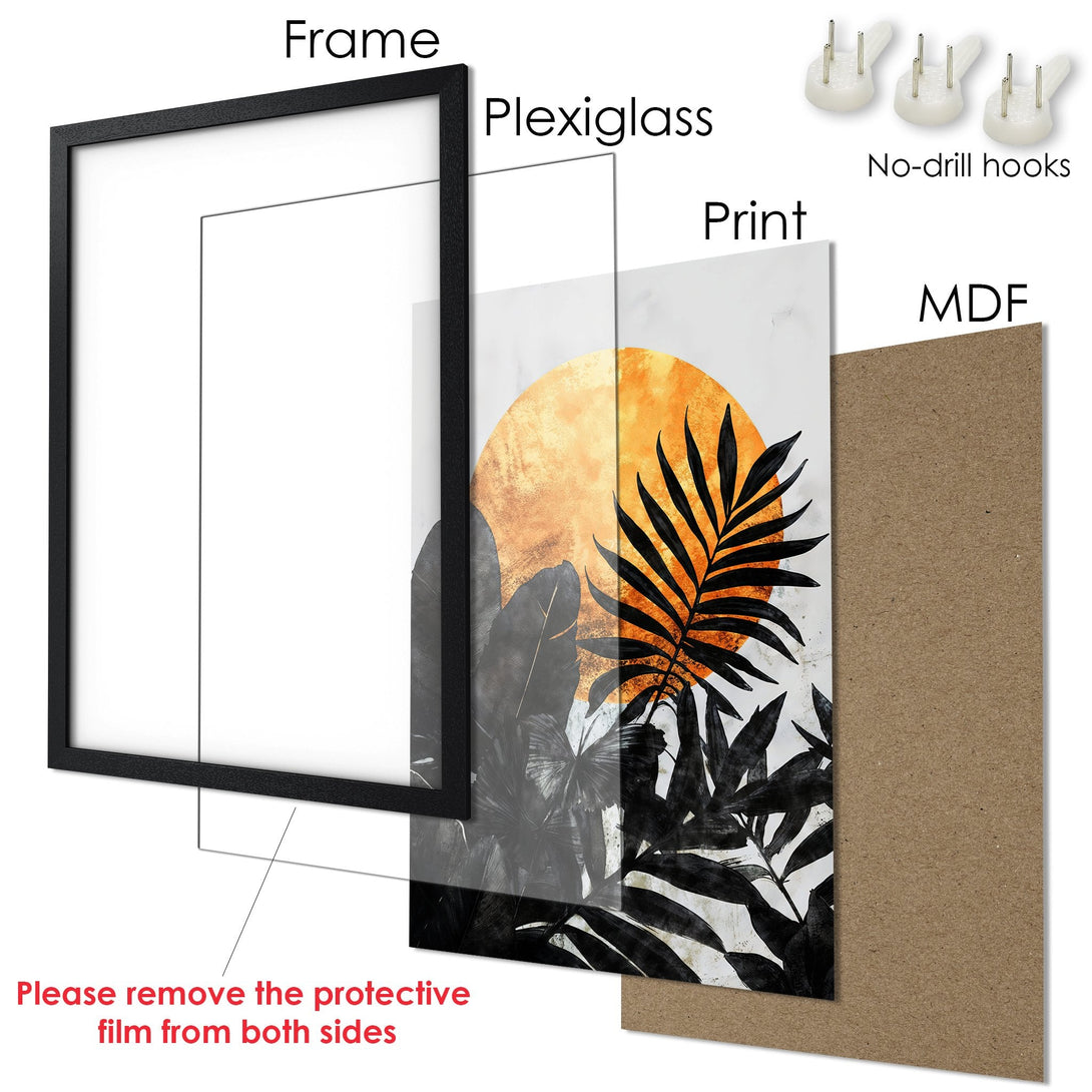 Framed Poster featuring a botanical design with an orange and black color palette. Modern art print for home decor.