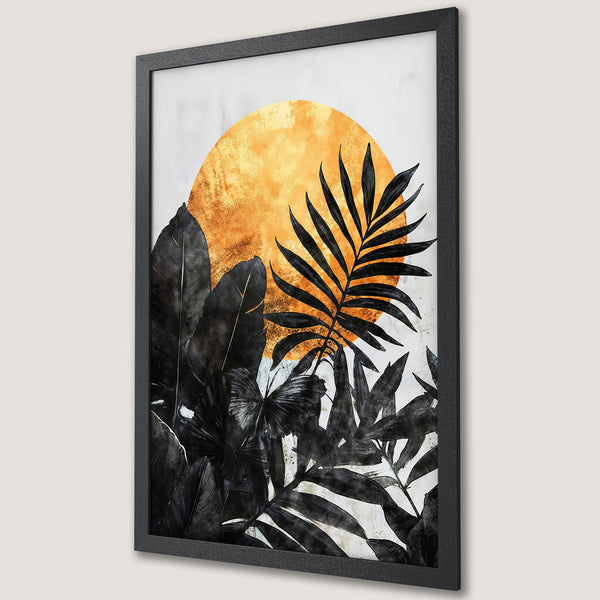 Framed Poster featuring a tropical botanical design with a gold sun and black leaves. Modern art style, perfect wall decor.