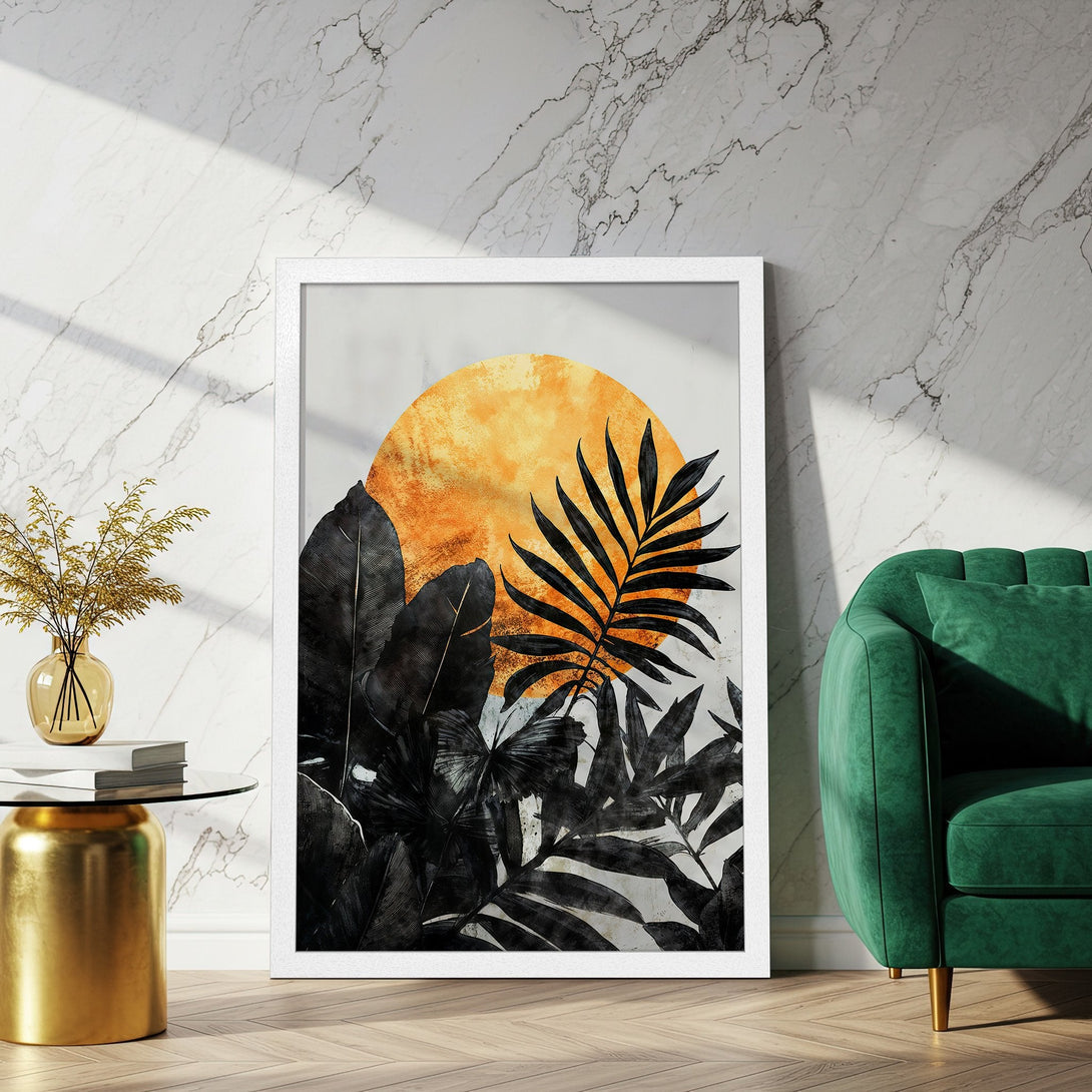 Framed Poster featuring a tropical leaf design with a warm orange sun. Modern art style with a black, white, and orange color palette. Perfect wall decor.