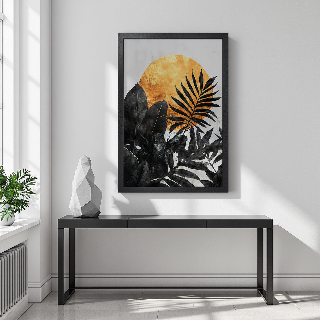 Framed Poster featuring a botanical design with a golden sun and black foliage. Modern art style, gold and black color palette.
