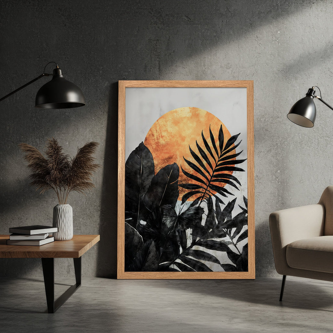 Framed Poster featuring a tropical sun and leaves in a modern, minimalist style with a black, orange, and neutral color palette.