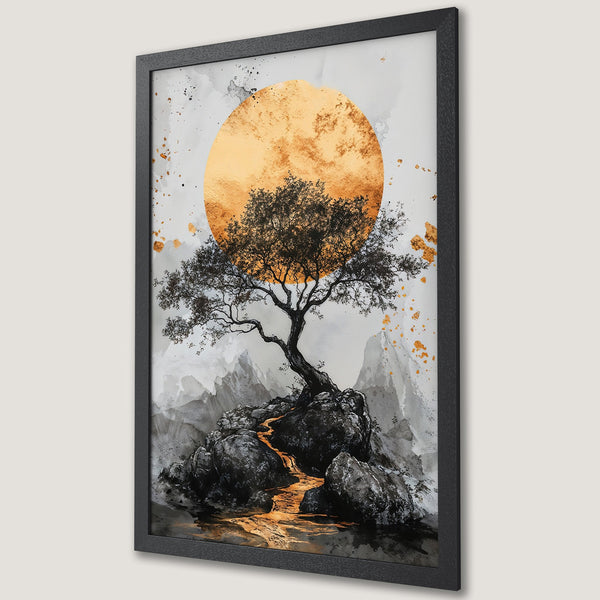 Framed Poster featuring a serene tree against a golden sun, in a modern, minimalist style with a grayscale and gold color palette. Perfect wall art!