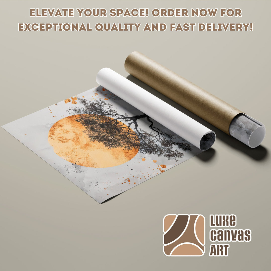 Abstract art Poster Roll with sunset and tree design, neutral color palette. Elevate your space!